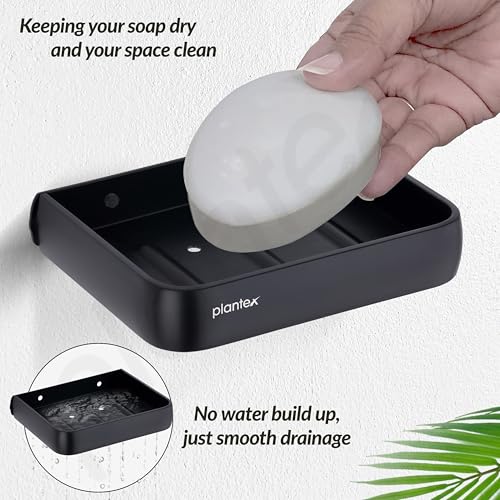 Image of Plantex Self Adhesive Aluminium Soap Holder for Bathroom /Soap Case /Soap Stand /Bathroom Accessories - Pack of 1 (1504, Black)