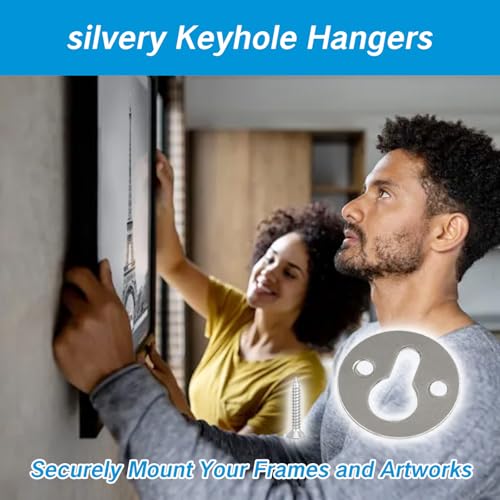 Image of 80pcs Keyhole Hangers 1-inch Round Key Hole Hanger Bracket Rail Heavy Duty Flush Mount Hardware Faux Metal Keyhole Picture Hanging Plates with Screws for Wall Mounting Silver