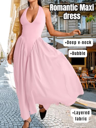 Image of ChiaoLezhee Deep V Neck Dress, Halter Maxi Dresses, Vacation Date Night, Sexy for Women Corset Flowy Wedding Guest Drop Waist