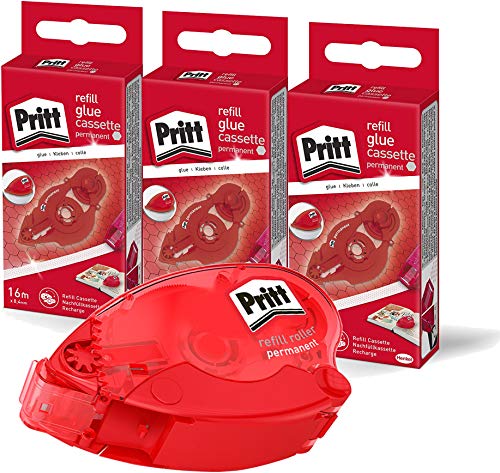Pritt Kleberoller permanent, Gehäuse recyceltem Plastik, 16m x 8,4mm Premium Klebewaben+ 3 Nachfüller Eco Pack