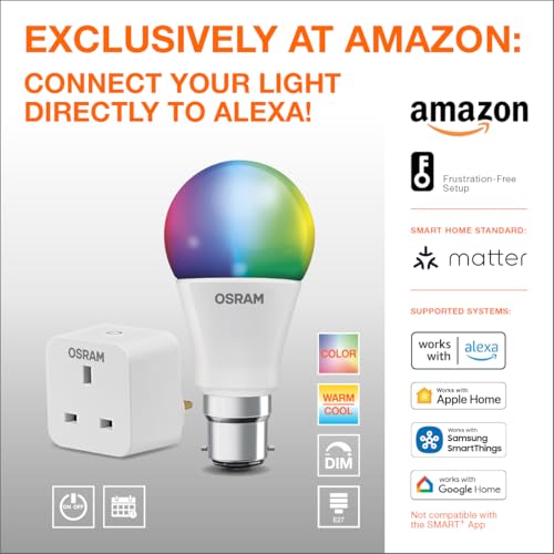 OSRAM SMART+ RGBW, B22d LED Lamp with Matte Over WiFi, Specially Developed for Alexa, Easy Setup by Click, 60 W Replacement, Warm White to Cool White (2700-6500 K), 16 Million RGB Colours, Pack of 1 - Image 3