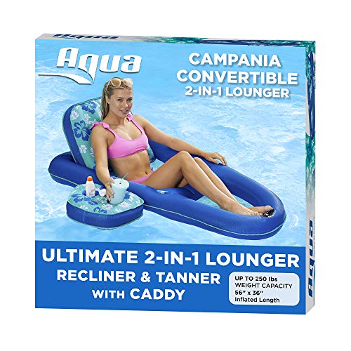 Aqua LEISURE Campania Ultimate Convertible 2 in 1 Outdoor Swimming Pool Float Lounger Recliner Tanning Chair and Caddy, Teal Hibiscus (2 Pack)