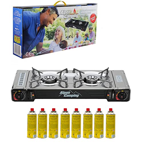 Doppelgaskocher Campingkocher Gaskocher Set 2 Flammig Kartuschenkocher Campingkocher Gaskartuschen Gasflaschen (Doppelgaskocher + 8 Kartuschen)