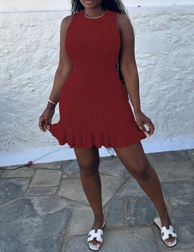 Image of Nimsruc Women Summer Tank Dresses Sleeveless Crew Neck Casual Bodycon Mini Dress with Ruffle Hem