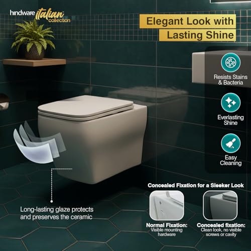 Image of Hindware Italian Collection Mariana Edge Wall Mount EWC for Bathroom | P-215 Trap | Made of Ceramic | 10-year Warranty | Rimless | Concealed Fixation | Duroplast Seat Cover | Water Saving | Soft Close