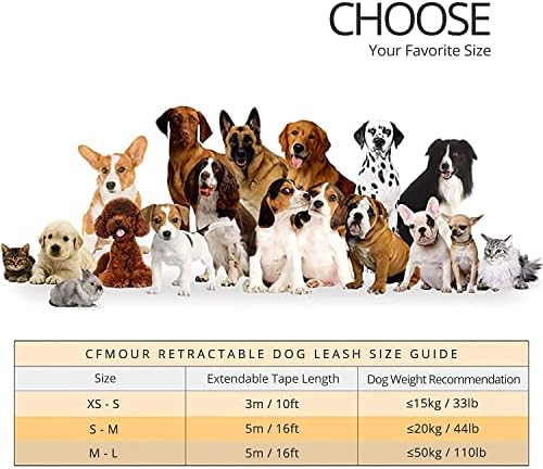 CFMOUR Retractable Dog Lead, 5m/20kg Orange Heavy-Duty Extendable Dog Leads for Small to Medium Dogs; Strong Nylon Tape Ribbon Leash, One-Button Brake&Lock, Bonus Training Clicker