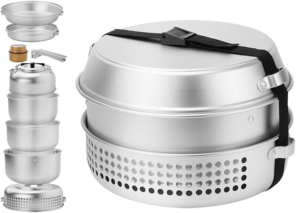 TARSHYRY 10pcs Camping Cookware Mess Kit, Lightweight Pot Pan Mini Stove for Backpacking, Outdoor Camping Hiking and Picnic(Kettle, Pot, Frying Pan, Stove, Hand vice)