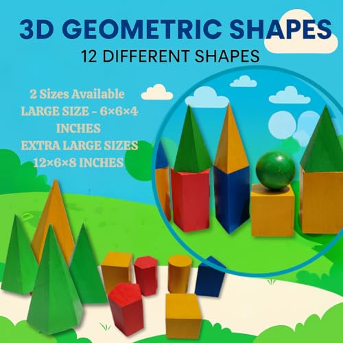 Image of Wooden Geometric Shapes Set for Students & Teachers | 12-Piece 3D Geometry Model Kit in Box | Educational Math & Physics Teaching Aids | Yellow Polished (Multicolor, Large)