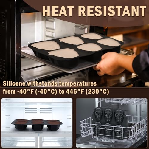Image of HKNMTT Skull Silicone Baking Pan for Halloween Pizza Cake, 6 Cavities 3D Large Molds, Nonstick Skeleton Head for Soap Ice Tray Oven Safe