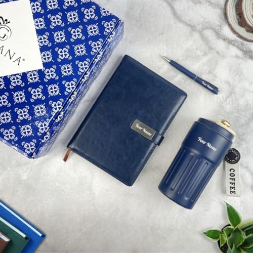Image of Giftana 3 in 1 Personalized Diary with Pen, Coffee Tumbler Gift Set for Employee (Blue 3)
