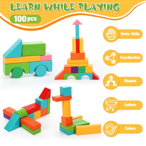Libima 100 Pcs Wood Building Blocks for Toddlers 2-4 Years with Storage Container Wooden Building Blocks Preschool Block Learning Toys