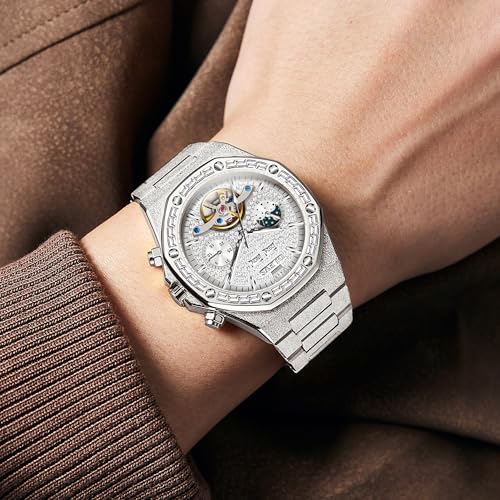 Image of OLEVS Automatic Watch for Men 44MM Large Dial Frosted Gold Octagon Self-Winding Diamond Waterproof Stainless Steel Wrist Watches Tourbillon Skeleton Mechanical