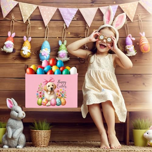 Image of Large Cute Easter Basket for Kid Empty Gift Baby Rectangle Storage Bin Bunny Eggs Boy&Girl Room Decor (Pink Dog)