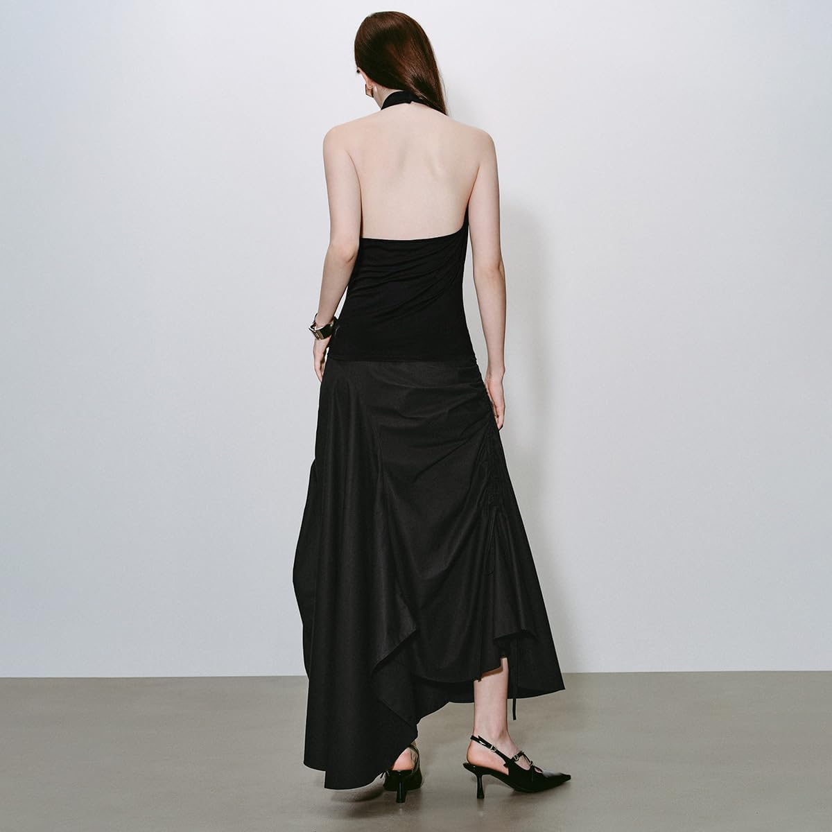 URBAN REVIVO Women's Ruffle Skirts Drawstring Ruched Asymmetrical A-Line Midi Skirt with Slit Sexy Y2K Trendy - Image 5