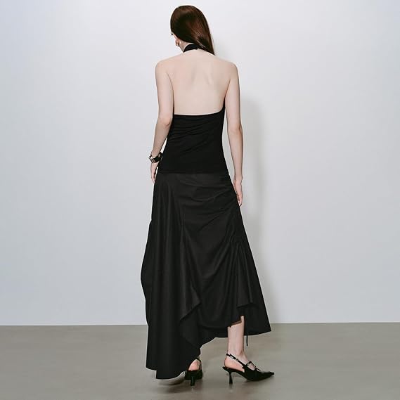 URBAN REVIVO Women's Ruffle Skirts Drawstring Ruched Asymmetrical A-Line Midi Skirt with Slit Sexy Y2K Trendy