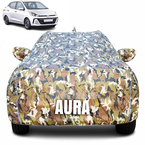Image of 100% Waterproof Car Body Cover for Hyundai Aura (2020-2025) with Mirror Pocket (Heat & UV Resistant, Triple Stitched, Soft Lining, Bottom Elastic & Piping) Camouflage, Military Print