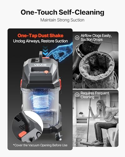 Image of VEVOR Commercial Shop Vac, 11 Gallon Wet Dry Shop Vacuum, 5.5 Peak HP Portable with One-Button Self-Cleaning, 1350W Input, 1.25in x 7ft Hose, 20ft Cord, Industrial-Grade for Jobsite, Workshop