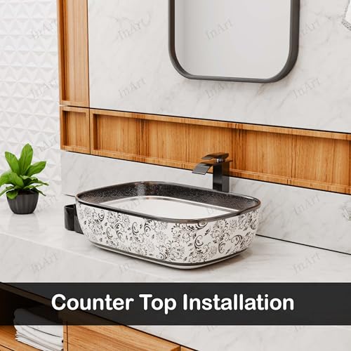Image of InArt Designer table top wash basin for bathroom /bathroom sink /cabinet wash basin /ceramic basin /counter top basin /vanity washbasin in Rectangle Shape Silver White 45.5 x 32 x 13.5 cm