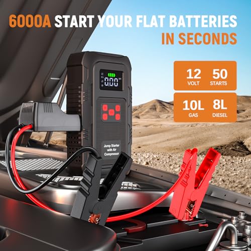 Image of 6000A Jump Starter with Air Compressor, Portable Car Battery Jump Starter with 150 PSI Tire Inflator for Up to 10.0L Gas and 8.0L Diesel Engines, 12V Jump Box with LCD Display