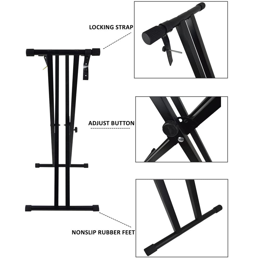 LacBec Adjustable Keyboard Stand, Heavy-Duty & Double-Braced X-Style Piano Keyboard Stand with Locking Straps, Fits 54, 61, 76, 88 Key Digital Electric Pianos