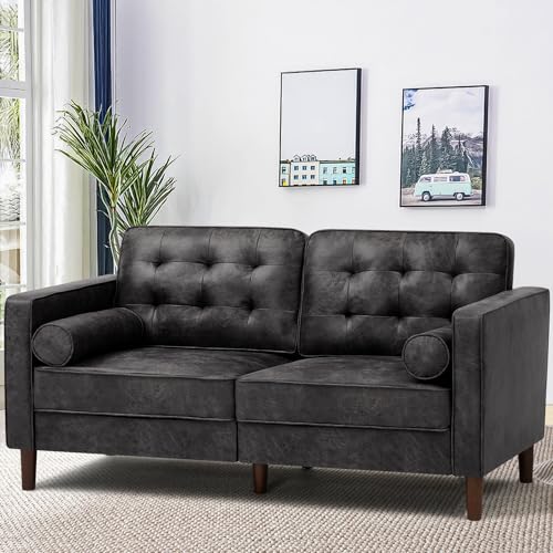 Image of 67 inch Suede Leather 2-seat Sofa with Two Bolster Pillows, Tufted Loveseat with Wooden Legs, Morden Sofa Suitable for Living Room, Office, Black