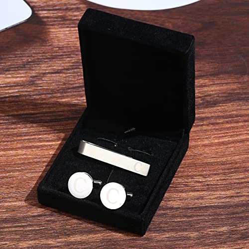 Image of LOYALLOOK Initial Cufflinks and Tie Clip Set for Men Silver Personalized Cuff links and Tie Bar Letter Alphabet A-Z Gift for Father Husband Valentine Gifts for Men