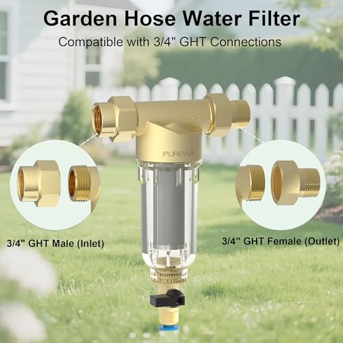 Purevua PGF1 Spin Down Garden Hose Sediment Filter, 3/4\" GHT Connector, Reusable 40/100/200 Micron Stainless Steel Mesh Water Filter, Inline Sediment Filter for RV, Camping, Pressure Washer & Car Wash