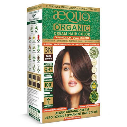 Image of Aequo Organic Cream Hair Color 3N Dark Brown - Herbal Hair Dye for 100% Grey Coverage | Zero Ammonia & PPD | QH+ Grey Control Formula | 2 Applications (115 ml)