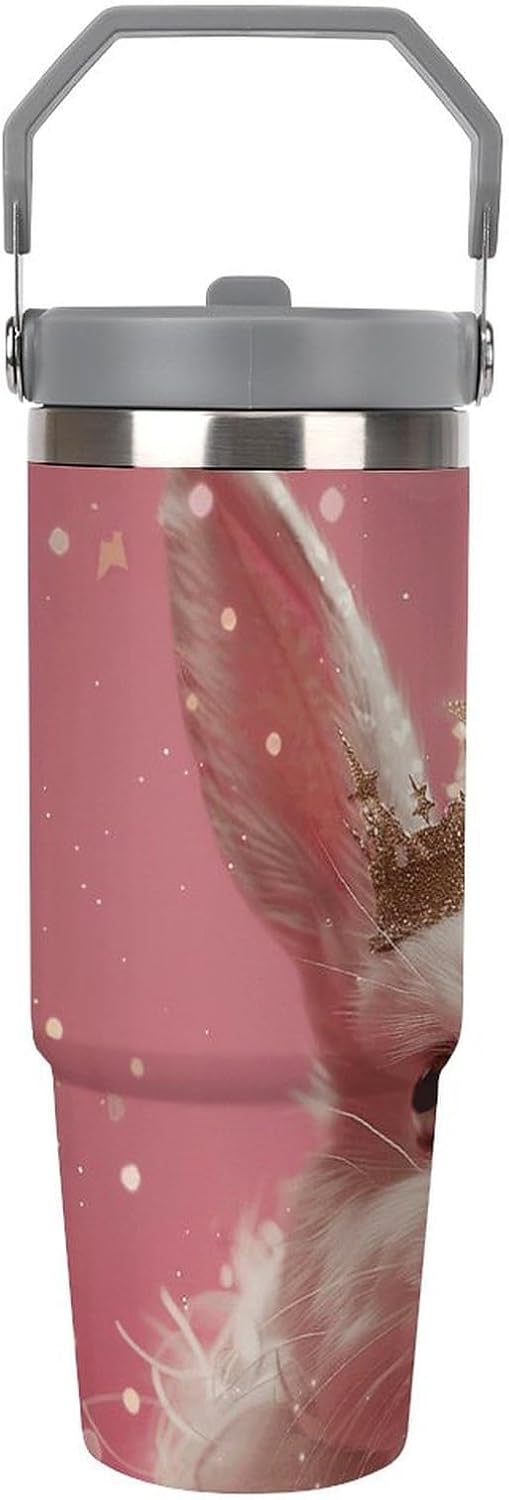 30oz Insulated Tumblers with Top Handle, Stainless Steel Rabbit Wearing A Crown Car Cup with Straw for Gift, Leak-Proof Double Wall Vacuum Travel Mug, Personalized Water Bottles White