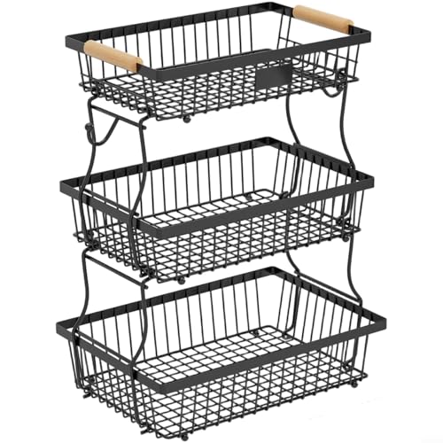 Glewi Cesta de frutas de 3 niveles con mango de madera, organizador de cocina de hierro desmontable para almacenamiento de encimera, soporte para frutas y verduras,