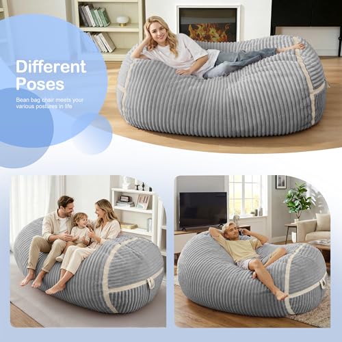 Image of 5FT Bean Bag Chair 5'Giant Bean Bag Chairs with Adults, Large Beanbag Chair | Bean bag Lounger with Washable Cover Corded Plush Fabric, Comfy Chairs for Living Room Bedroom Dorm, Lightgrey with Beige