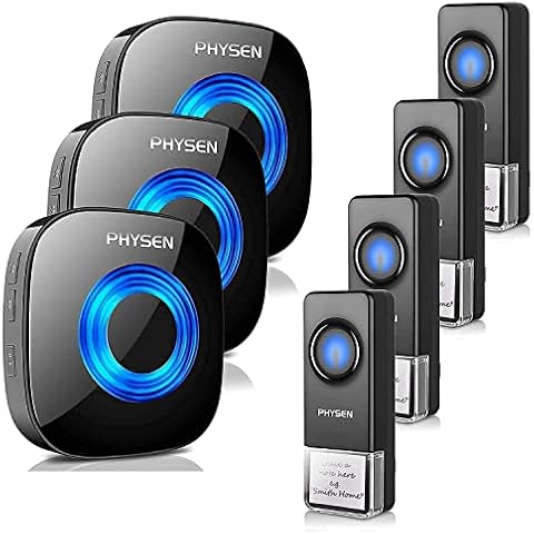 Wireless Doorbell PHYSEN Waterproof Door bell Chimes with Mute Mode,58 Doorbell Wireless, 5 Volume Levels,1300-ft Range,3 Receiver & 4 Doorbell Button for Home with LED Strobe Cover