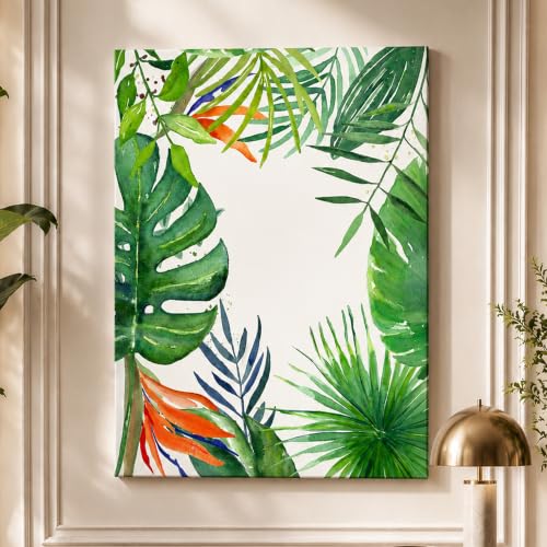 Image of PAINTINGMANTRA Tropical Green Leaves Stretched Canvas Wall Art Painting for wall decoration | Botanical Leaf Nature Inspired Painting for Living Room, Bedroom and Office, 22x34 Inch