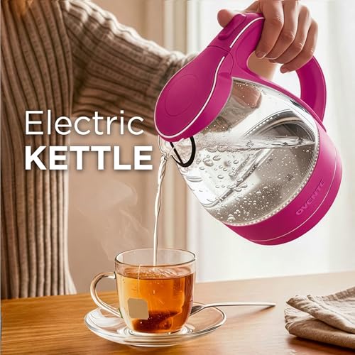 Image of OVENTE Electric Kettle, 1.5L Borosilicate Glass Countertop Water Heater and Boiler for Coffee or Tea, BPA-Free, Auto Shut-Off, Boil-Dry Protection, Removable and Washable Spout Filter, Pink KG83F