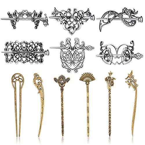 6Pcs Celtic Hair Slide Hairpin Vintage Silver Hair Clips with 6Pcs Hair Sticks Vintage Chinese Bronze Hair Chopstick Retro Hair Clips Creative Hair Accessories for Long Hair Women