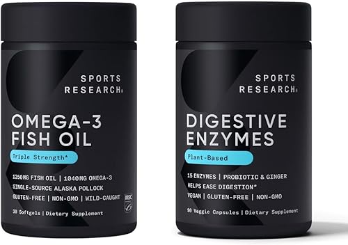 Miniatura 1 de Sports Research Triple Strength Omega 3 EPA y DHA Aceite de pescado 1250 mg Burpless Suplemento (30 cápsulas blandas) y enzimas digestivas con