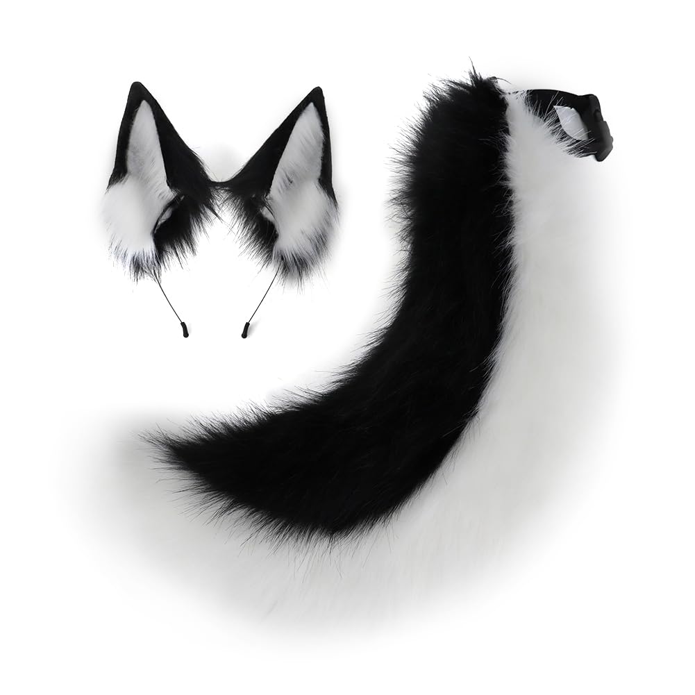 QinRuan Faux Fur Wolf Ears Headband Furry Dog Tail Set Animal Coustume Cospaly Halloween Party