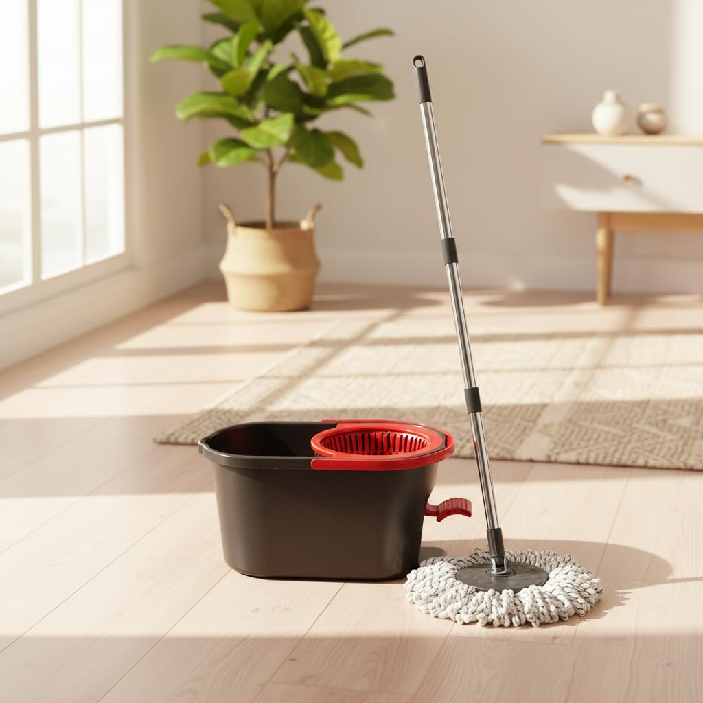 Mop mocio sistema automatico lavapavimenti con centrifuga Push & Spin, mocio rotante con secchio 13lt a pedale e con panno lavaggio in microfibra, rotomop con manico fisso 110cm, pulizia pavimenti