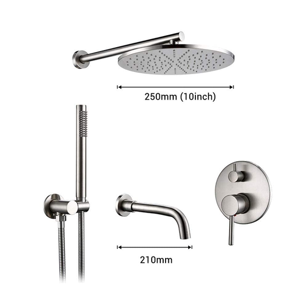 Sistema Doccia Kit Sistema Soffione Doccia 8-12 in Acciaio Inox Spazzolato, Cascata Pioggia, Miscelatore Deviatore in Ottone, Valvola A Braccio A Parete Portatile, 10 Pol,12inch210mm3ways
