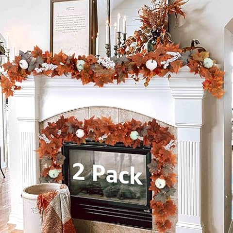 Fall Garland for Mantle Fireplace Outdoor - 2 Pack 5.8Ft Neutral Autumn Leaves Decor for Home Front Door with White Pumpkins Farmhouse Indoor Maple for Table Stairs Thanksgiving Halloween Decorations Cover