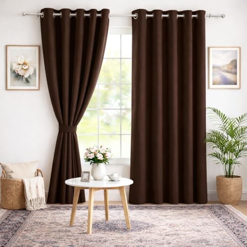Image of Roseate 100% True Black Out Curtains (8 Feet /Set of 2) Solid Room Darkening Curtain & Thermal Insulated for Bedroom, Living Room (Dark Brown / 116x242 cm)