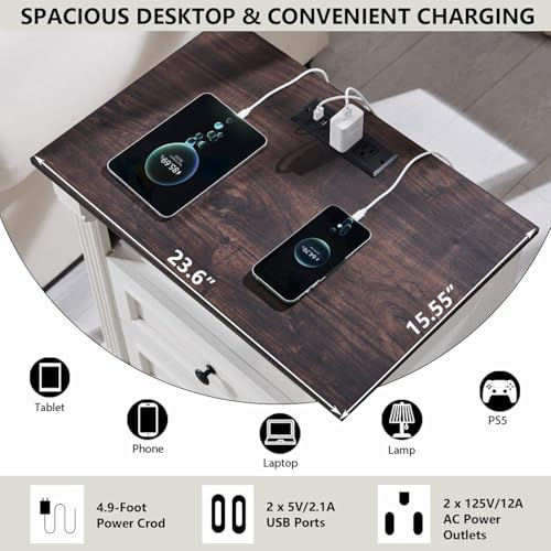 Aitjunz 26\" Tall Nightstand with Charging Station, Farmhouse 23.6\" Wide Large End Table w/Roman Column, Wood Rustic Side Table w/Metal Handle, 3 Drawers Dresser for Bedroom, Living Room, White