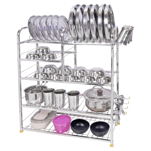 Image of Kitchen Dish Rack | Wall Mounted | Stainless Steel Stainless Steel Utensils Organiser Plate Cutlery Stand Space Saving Dish Drying Bartan Rack Storage Shelf Shelves, Free Standing, Tiered Shelf