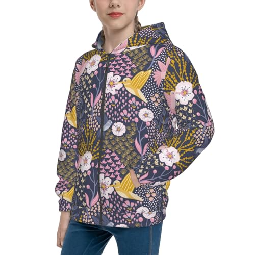 Hummingbird and Cherry Blossom Kid Hoodies Boys Zip Up Sweatshirts Girls Pullover with Pocket