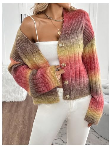 Image of MakeMeChic Women's Colorful Chunky Cropped Cardigans Button Down Long Sleeve Drop Shoulder Rainbow Sweater Rose Red Large