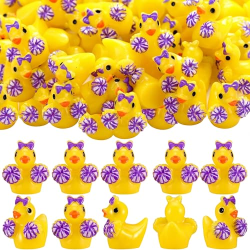 Weysat 60 Pcs Mini Purple White Cheer Ducks with Bow Pompoms Team Gift Bulk