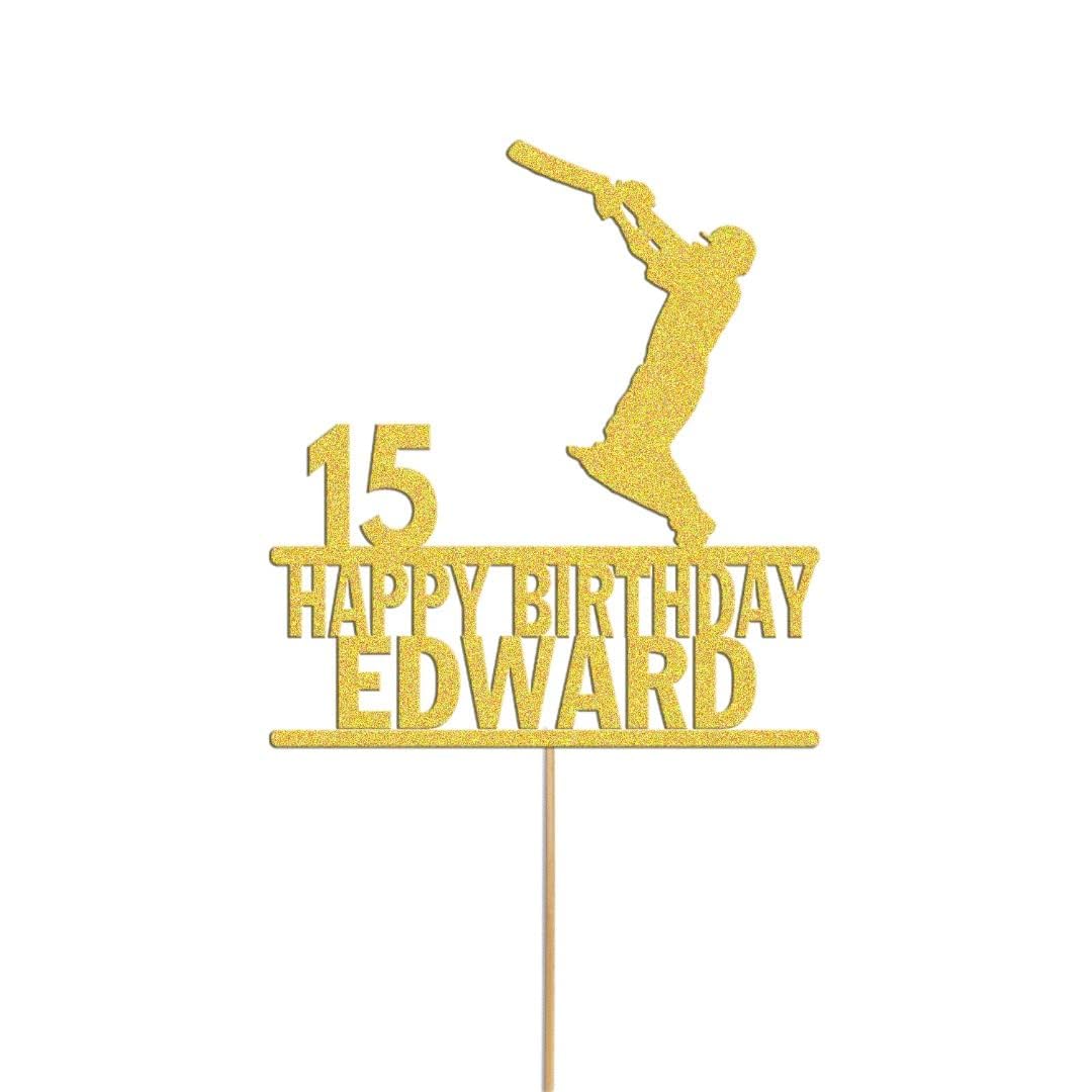 Personalized Cricket Cake Topper with Name and Age | Glitter Birthday Cake Decoration for Cricket Lovers, Custom Name Topper for Kids Birthday Party (Gold)