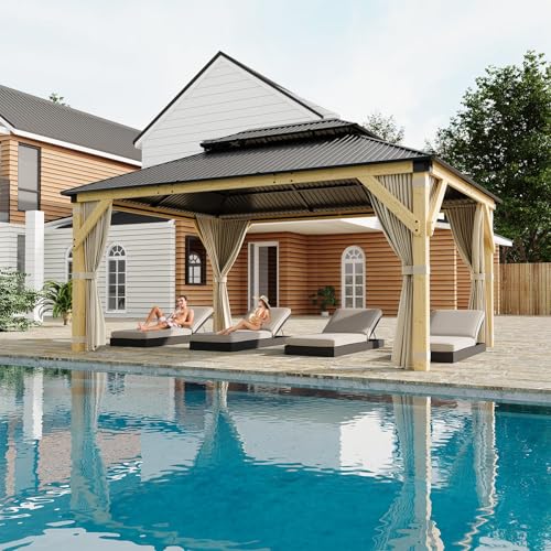 Klysiora 12' x 16' Patio Gazebo Wooden Gazebo with Solid Spruce Frame and Aluminum Double Roof Suitable for Gardens, Patios, Lawns, and Parties Curtains and Netting Included! - Image 6