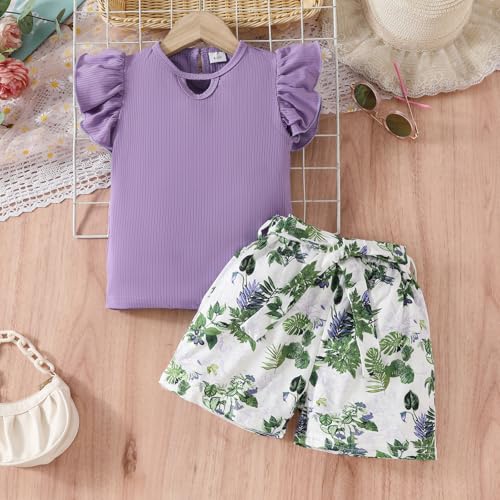 Image of Axumity Toddler Girl Clothes Outfits Tropical Print Short Sleeve Top + Belted Floral Shorts 2PC Summer Clothing Set(5-6T)