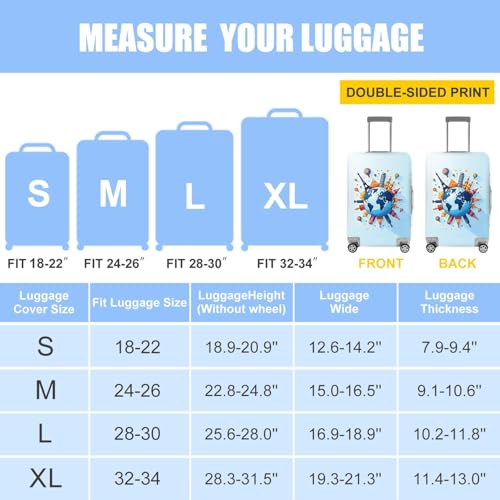 Image of World Travel Luggage Cover - Elastic Suitcase Protector with Iconic Landmarks and Hot Air Balloon Design, Stylish and Durable Wrap for 32''-34'' Travel Bags (Size XL)